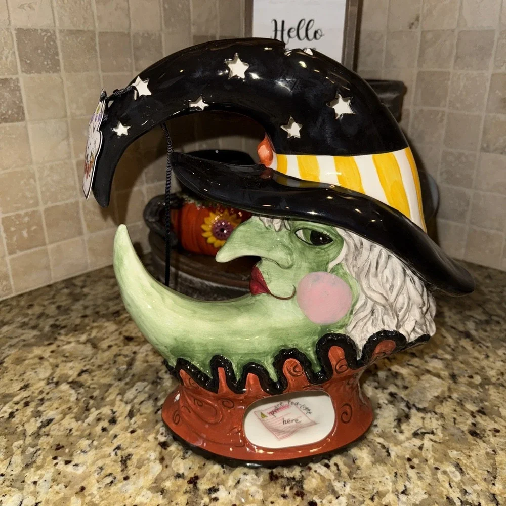 Blue Sky Halloween Crescent Moon Witch Ceramic Tea Light Holder New